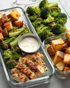 Chicken and broccoli meal prep containers with grilled chicken strips, roasted potatoes, steamed broccoli.