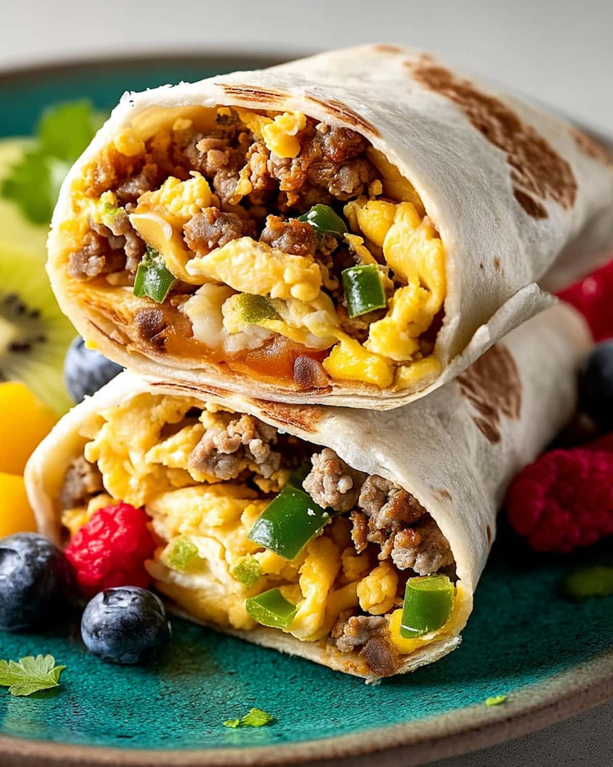 Easy breakfast burrito meal prep with scrambled eggs, seasoned ground beef, peppers, and cheese.