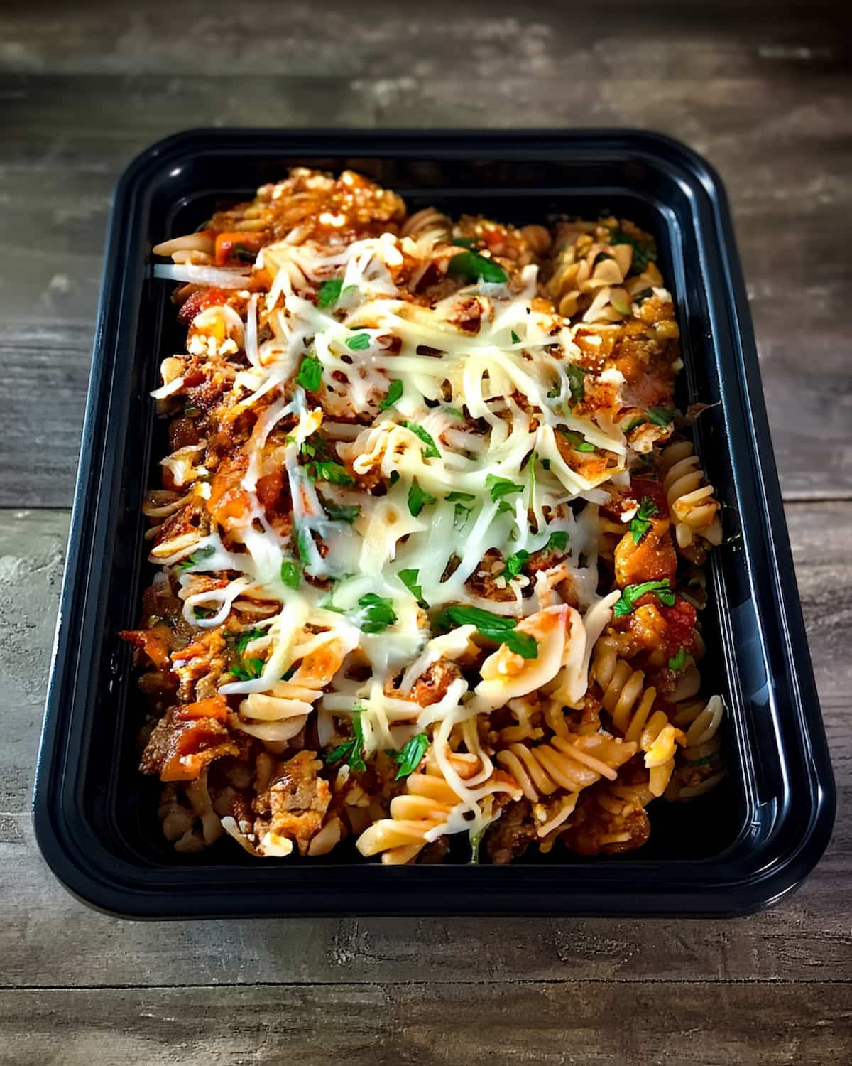 Lasagna meal prep container with fusilli pasta, tomato sauce, ground meat and melted cheese generously topped.