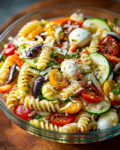 Colorful Meal Prep Pasta Salad with rotini, tomatoes, olives, mozzarella, and fresh veggies.