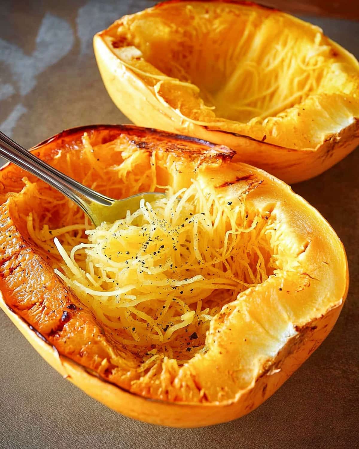 Spaghetti squash meal prep halves roasted golden brown with fork pulling tender strands.