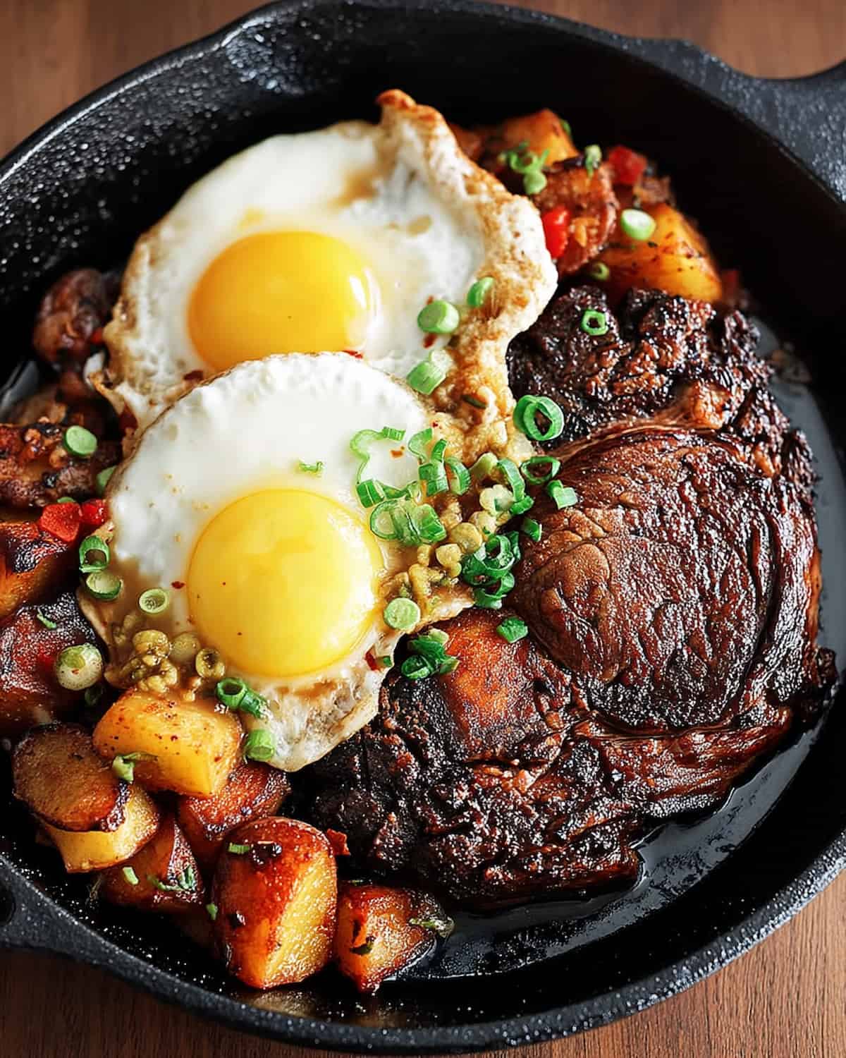 Steak and eggs meal prep in cast iron skillet with seared beef, two sunny-side up eggs, crispy potatoes.