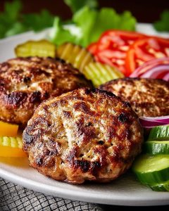 Plate of juicy turkey patties for turkey burger meal prep.