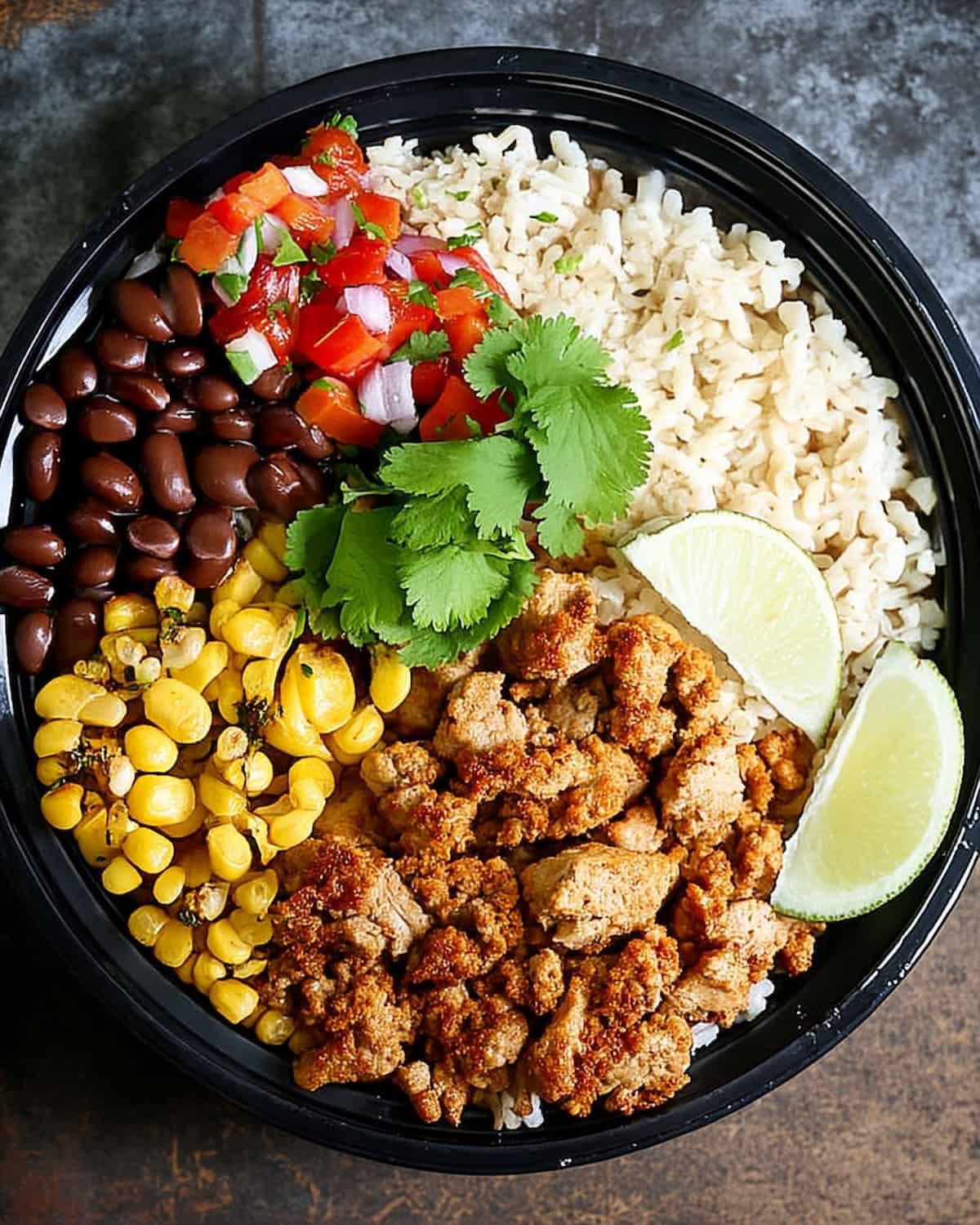 Burrito bowl with seasoned chicken, cilantro lime rice, black beans, roasted corn, pico de gallo.