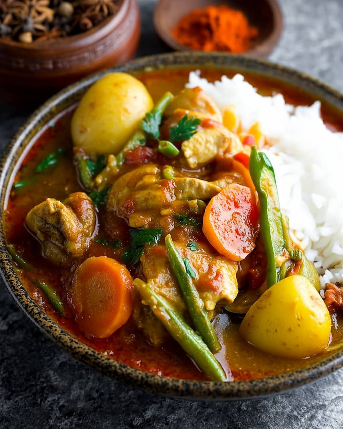Chicken curry meal prep bowl with tender chicken, carrots, green beans, potatoes, rich curry sauce.
