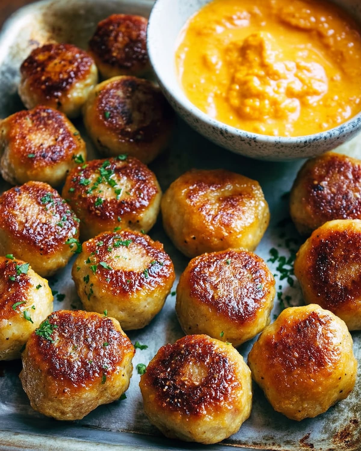 Chicken meatball meal prep with golden-brown seared meatballs garnished with fresh herbs.