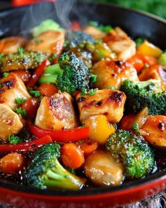 Chicken stir fry meal prep with golden chicken pieces, broccoli, bell peppers, and carrots in glossy sauce.