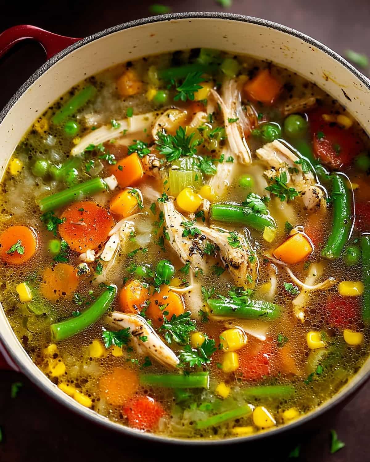 Chicken vegetable soup meal prep with shredded chicken, carrots, green beans, corn, peas, golden broth.