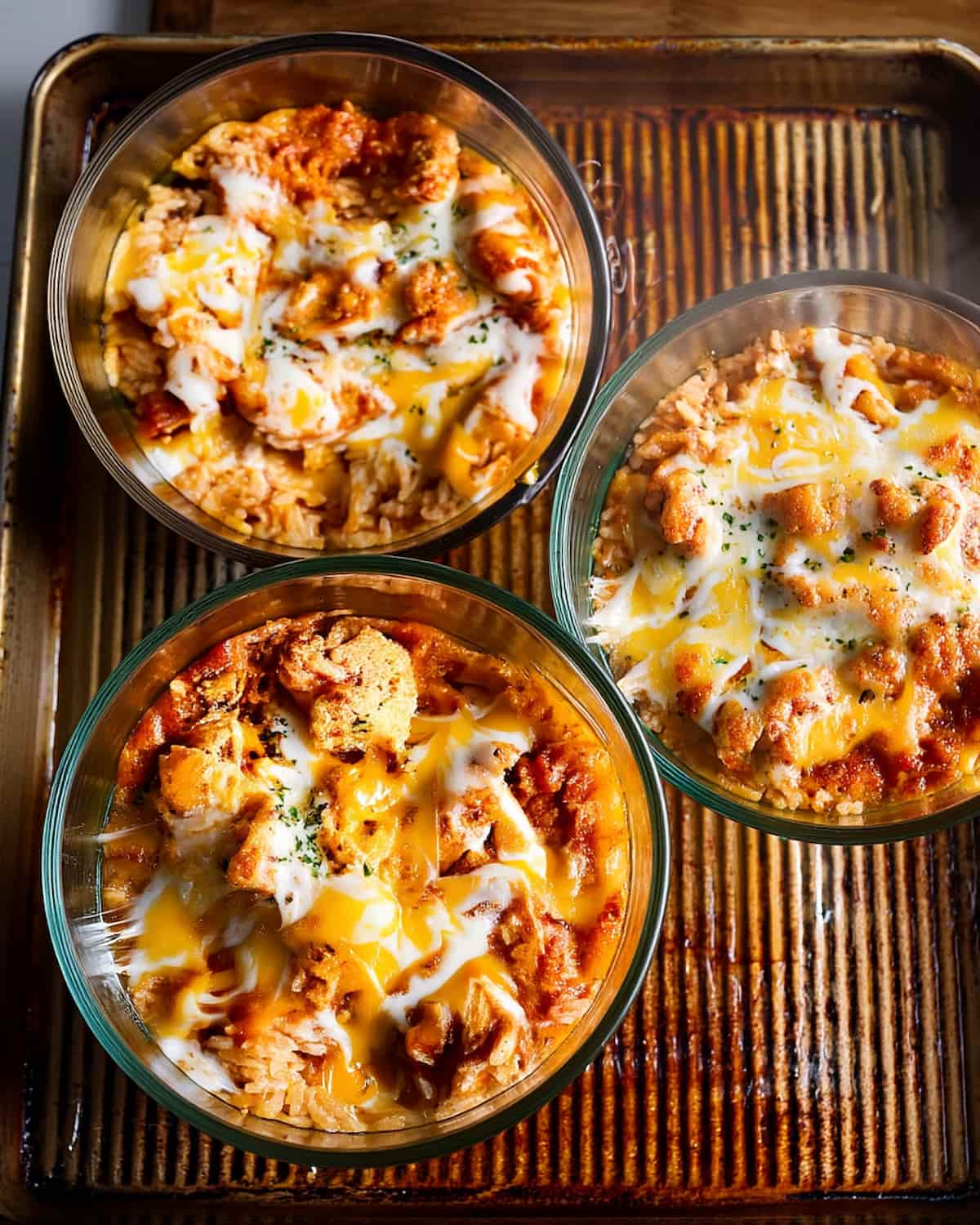 Enchiladas meal prep in four glass bowls with meat filling, melted cheese, and red sauce.