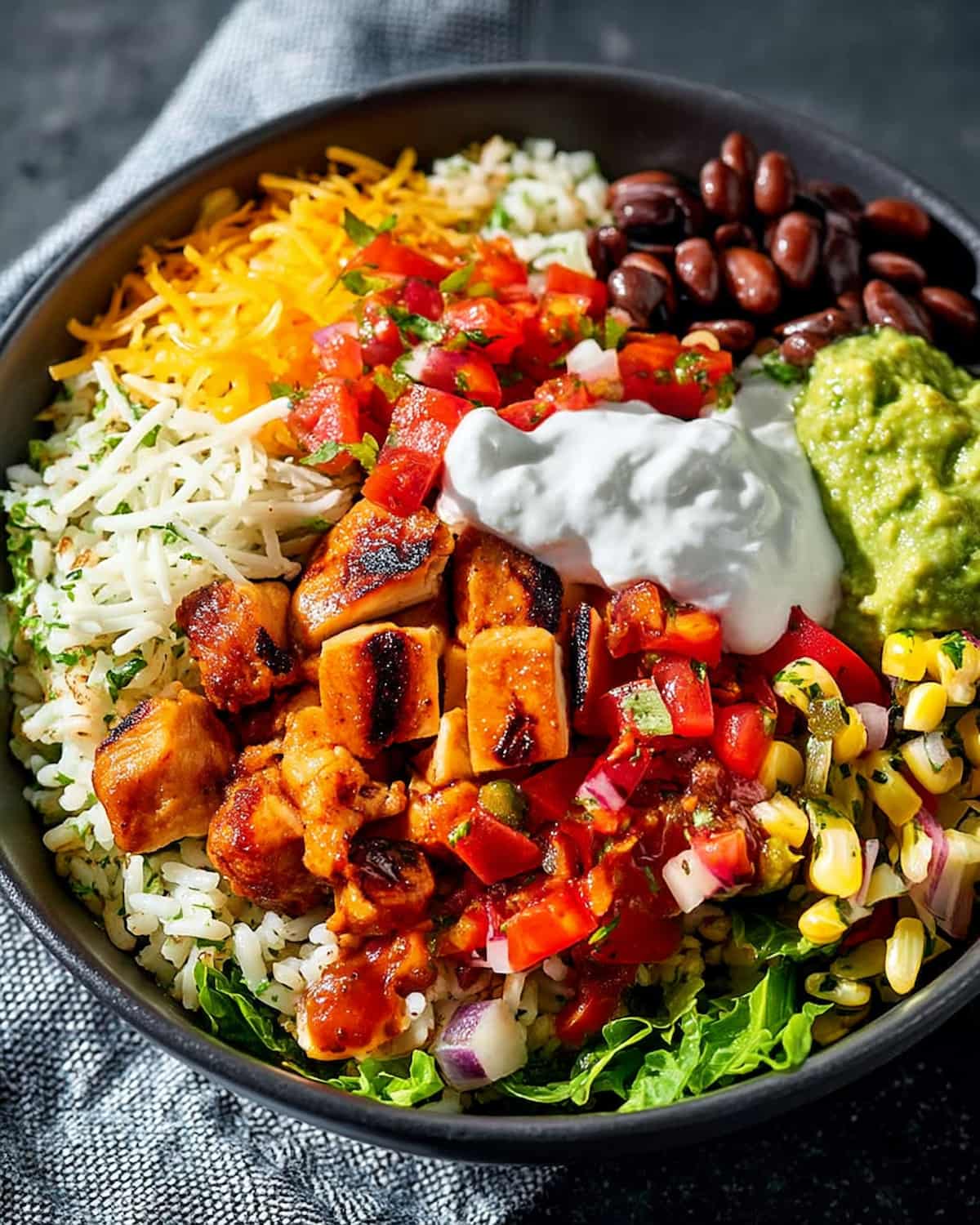 Meal prep chipotle bowl with seasoned chicken, cilantro lime rice.
