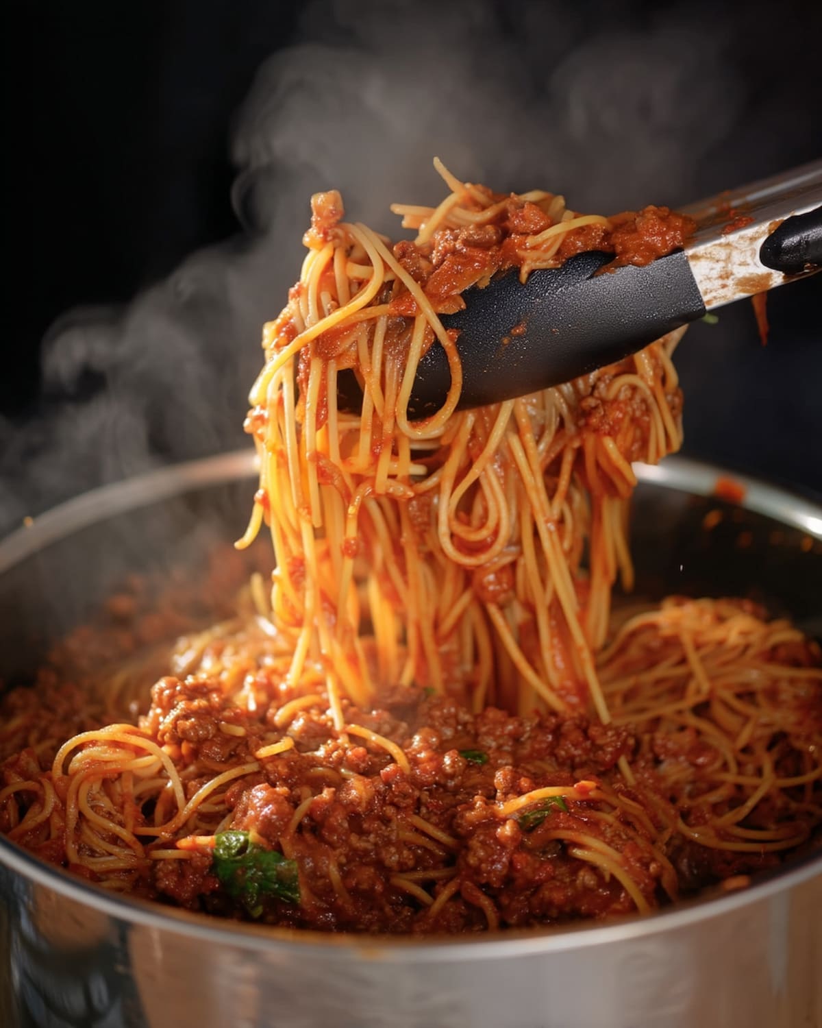 Meal prep spaghetti with rich meat sauce being lifted with tongs, showing perfectly coated pasta strands.