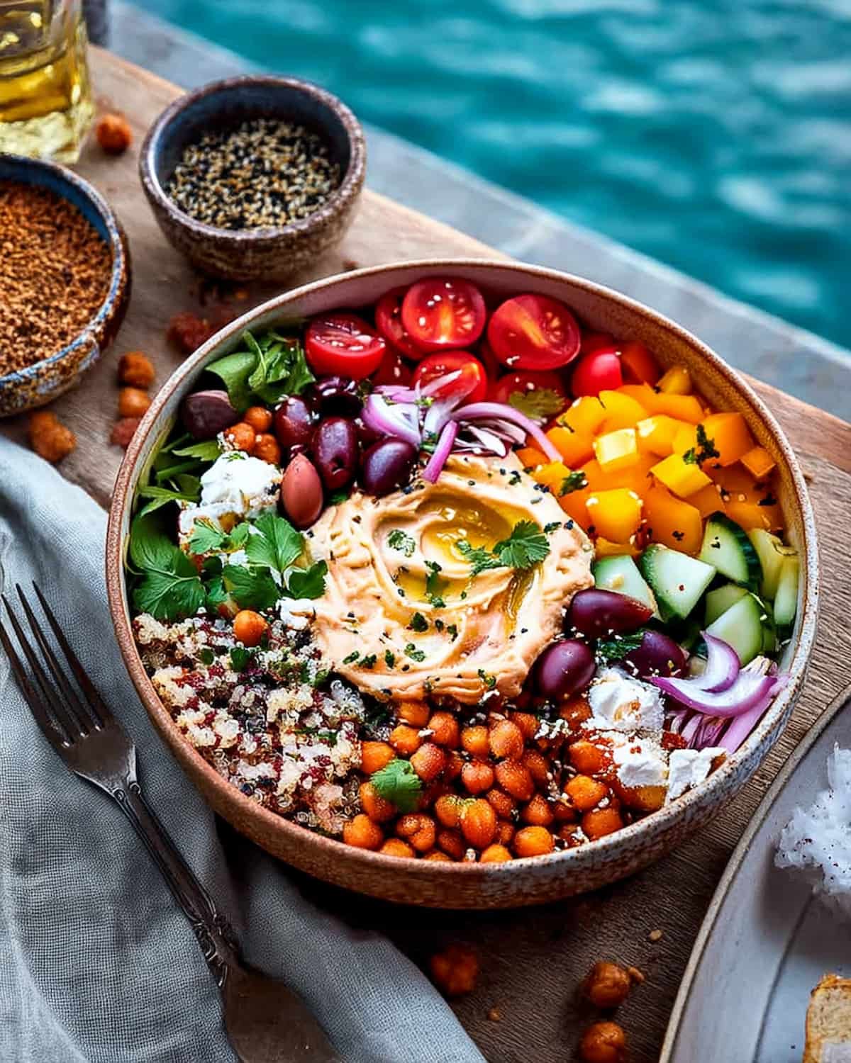 Mediterranean bowl meal prep with hummus, quinoa, roasted chickpeas, cherry tomatoes, olives, cucumbers.