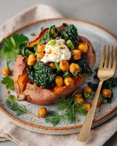Stuffed sweet potato meal prep with roasted chickpeas, sautéed spinach, and a dollop of yogurt, garnished.