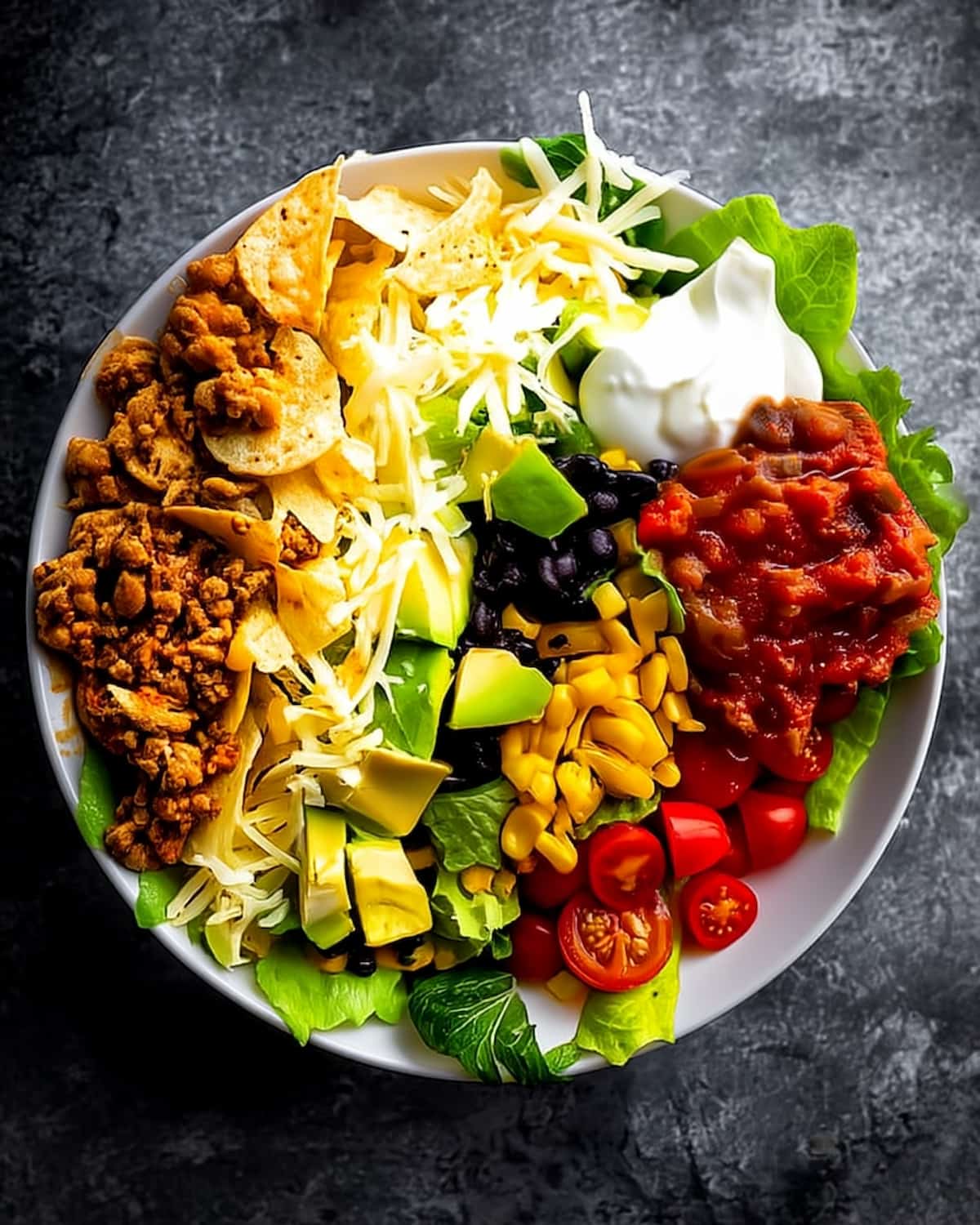 Taco salad meal prep with seasoned ground meat, lettuce, cheese, black beans, corn, avocado, salsa, sour cream, and tortilla chips.