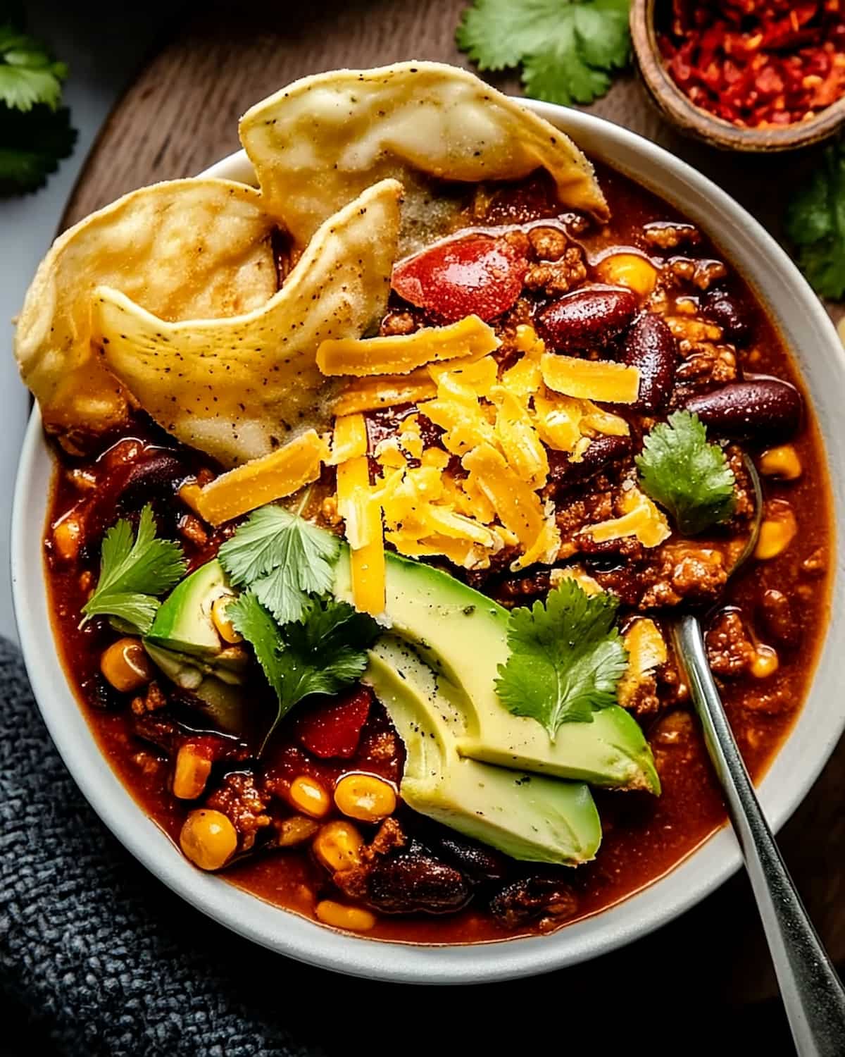 Turkey chili meal prep with ground turkey, beans, corn in rich tomato broth, topped with cheese, avocado.