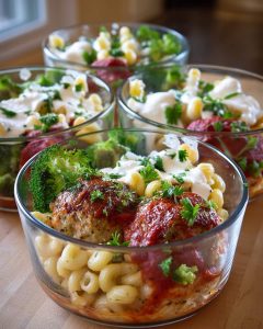 Chicken Meatball Meal Prep Bowls with tender pasta, broccoli, marinara sauce, and creamy topping, garnished with fresh parsley.