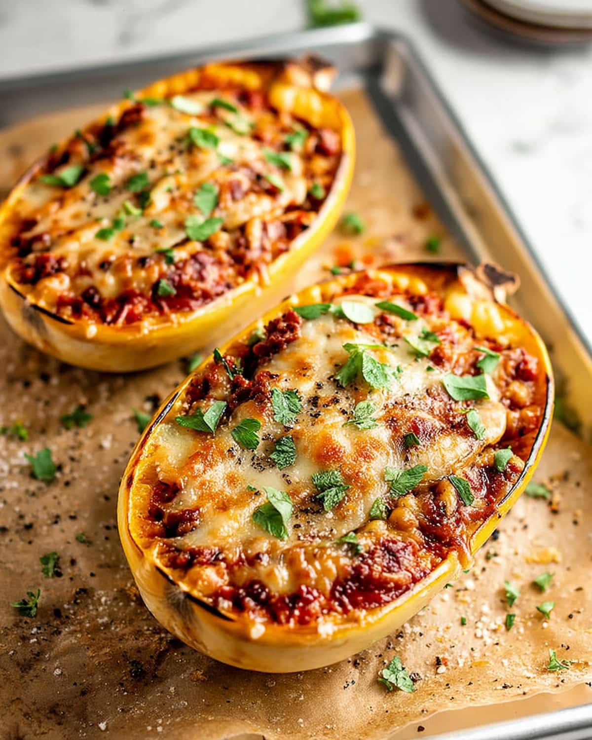 Spaghetti squash lasagna boats meal prep topped with melted cheese, rich meat sauce.