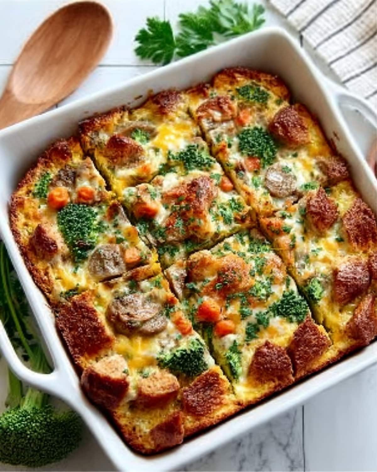 Golden Chicken Sausage Egg Bake with broccoli, mushrooms, and toasted bread cubes, baked until fluffy.