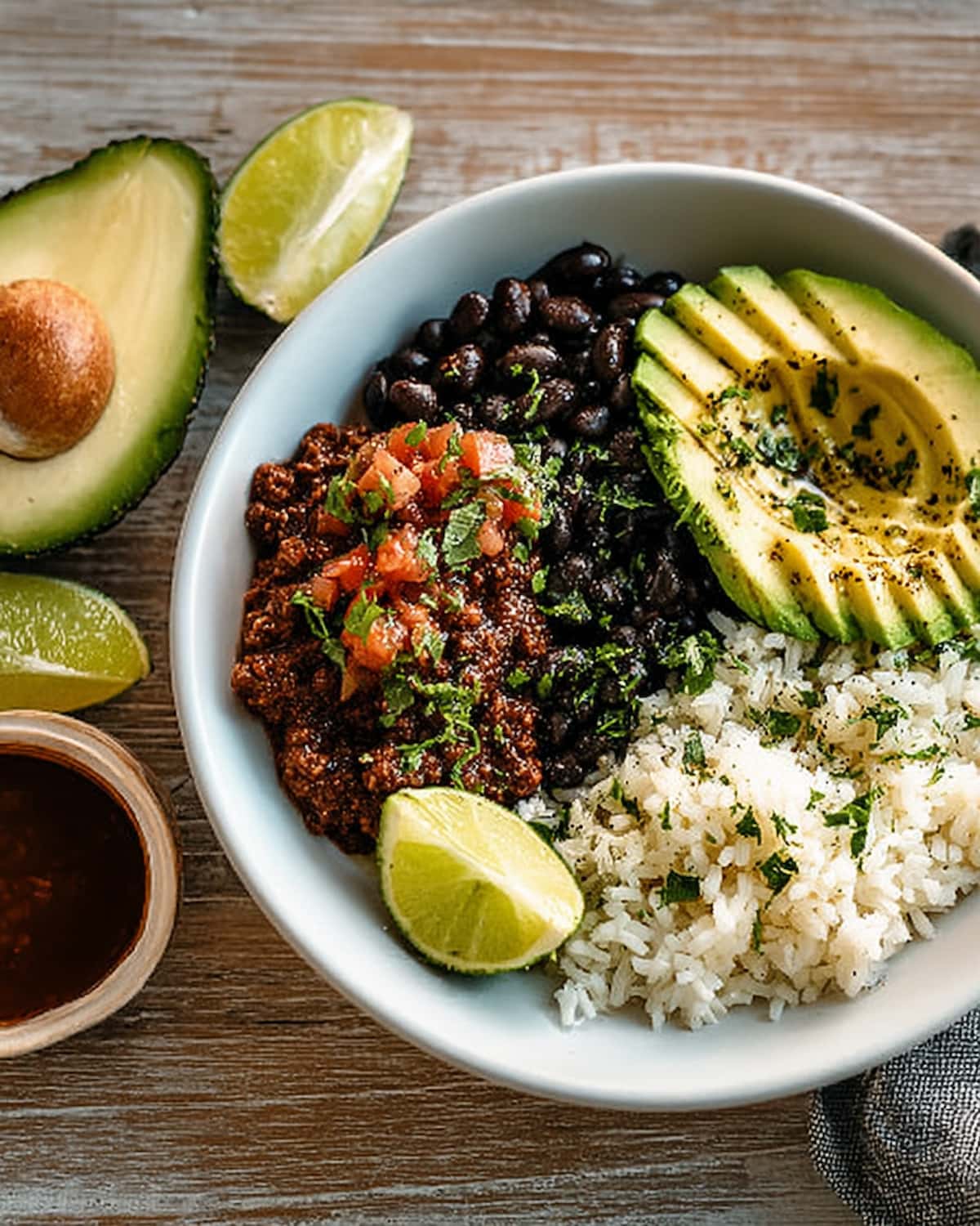 Southwest Tofu Bowl Meal Prep with seasoned tofu, black beans, rice, avocado, fresh salsa, and lime wedges.
