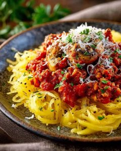 Spaghetti Squash Turkey Bolognese Meal Prep with tender squash strands, hearty turkey tomato sauce, mushrooms.