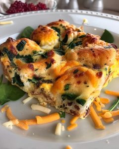 Golden-baked bacon spinach egg bake slice on a white plate, loaded with melted cheddar, fresh spinach.