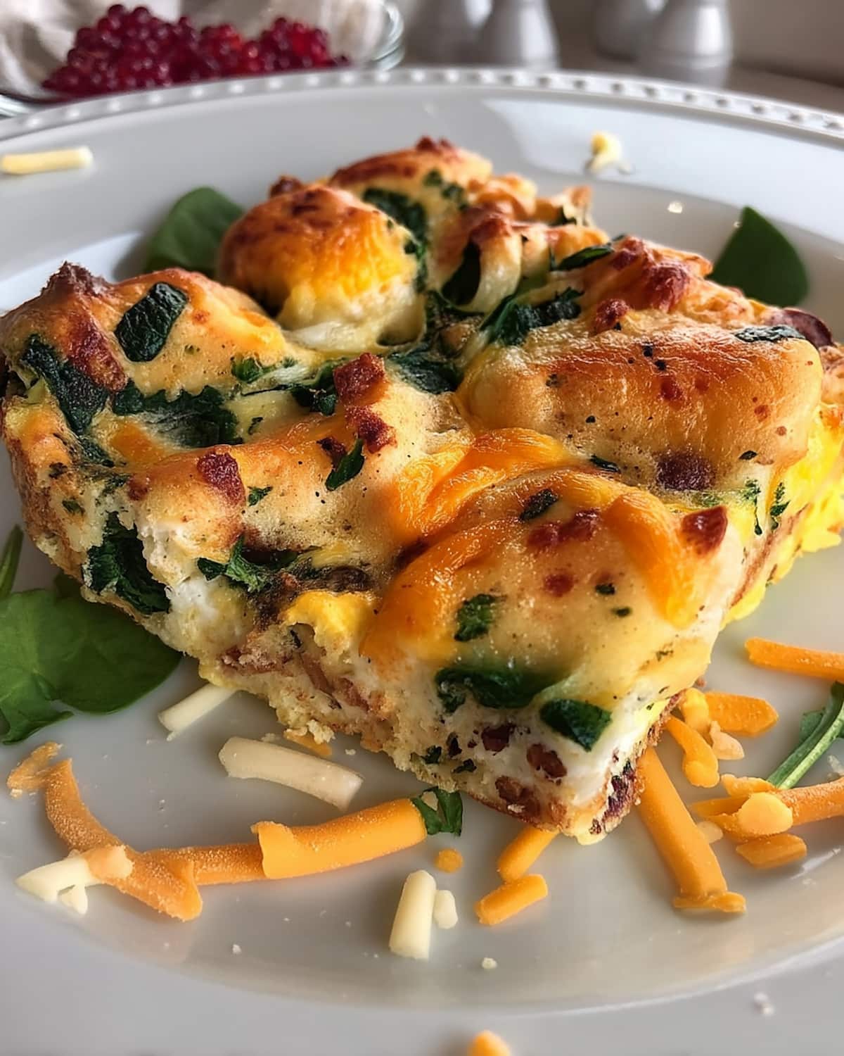 Golden-baked bacon spinach egg bake slice on a white plate, loaded with melted cheddar, fresh spinach.