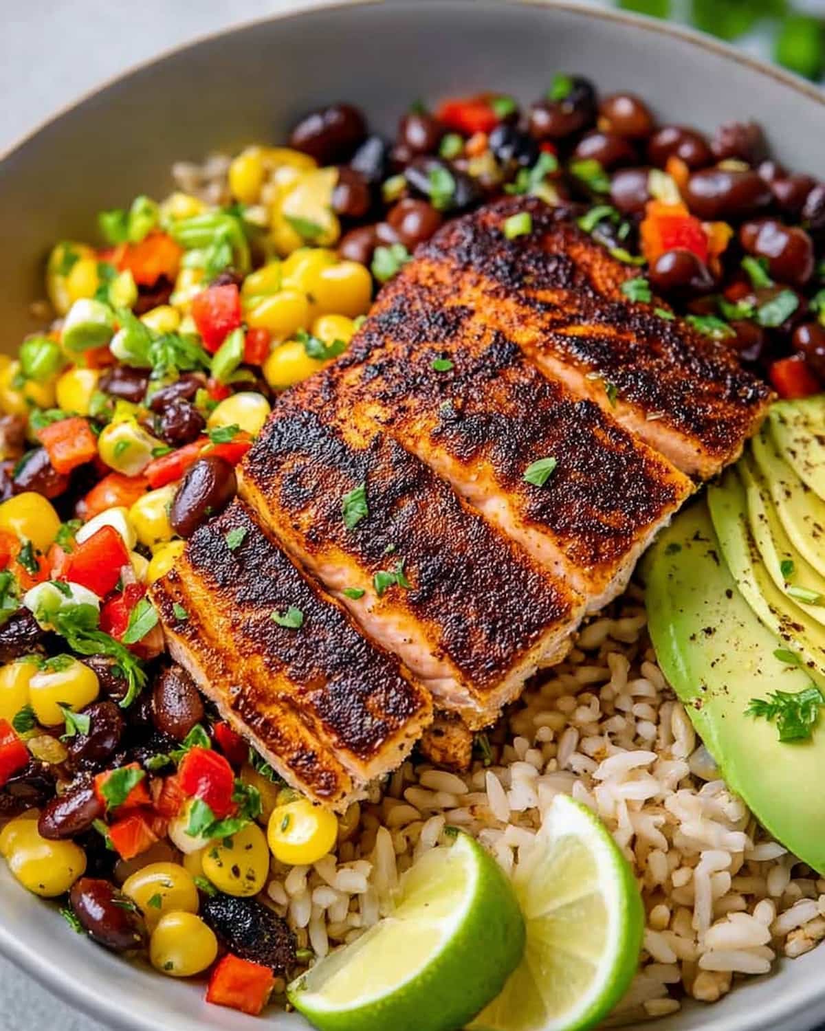 Southwest salmon bowl meal prep with blackened salmon, brown rice, black beans, corn, avocado slices.