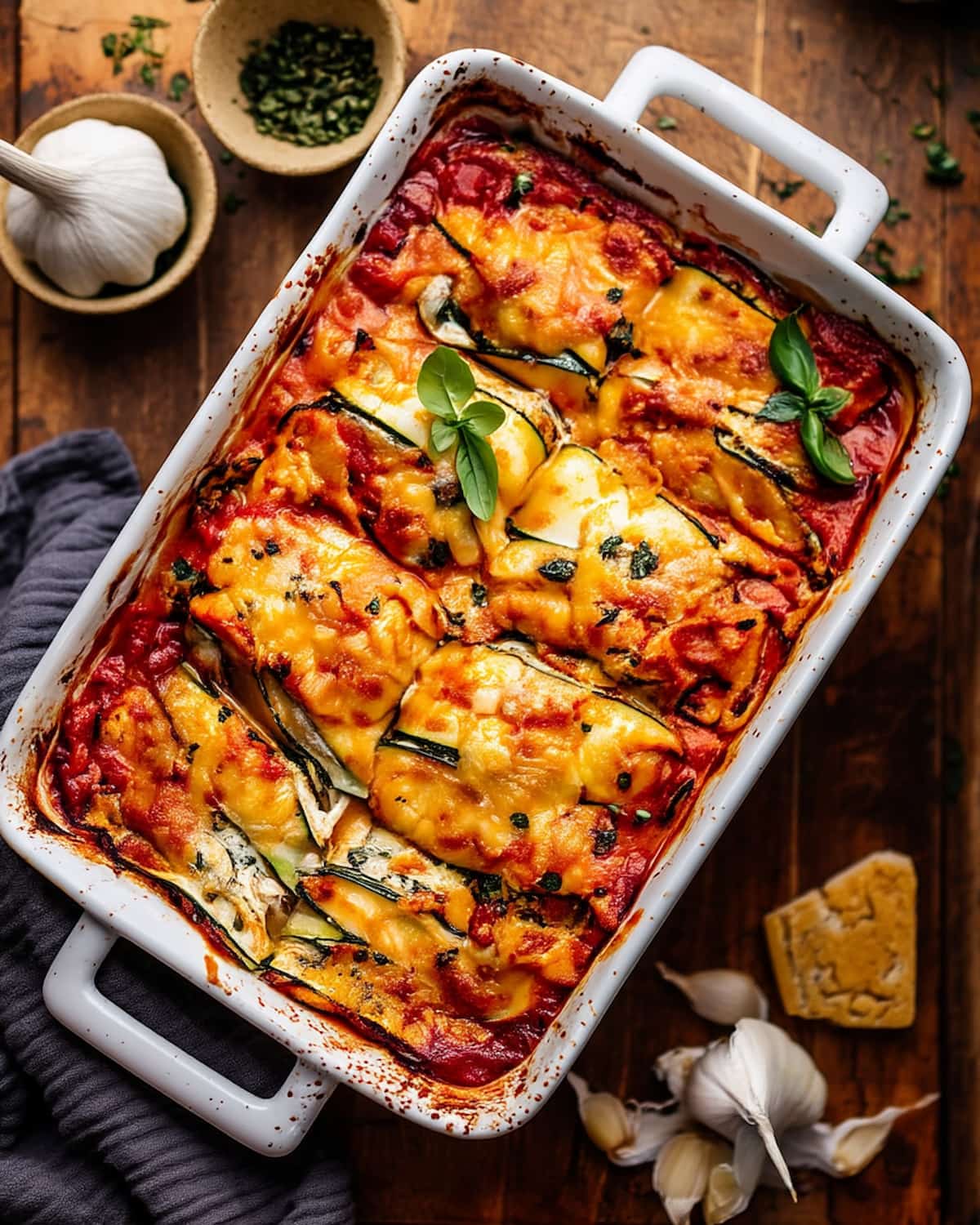 Zucchini lasagna meal prep baked with layers of tender zucchini, rich tomato sauce, and melted cheese.