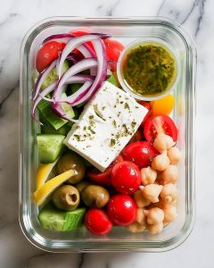 Greek Chickpea Salad Meal Prep with feta, cherry tomatoes, cucumber, olives, red onion.