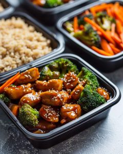 Teriyaki Chicken and Broccoli Meal Prep with glazed chicken, broccoli, and sesame seeds in meal prep.