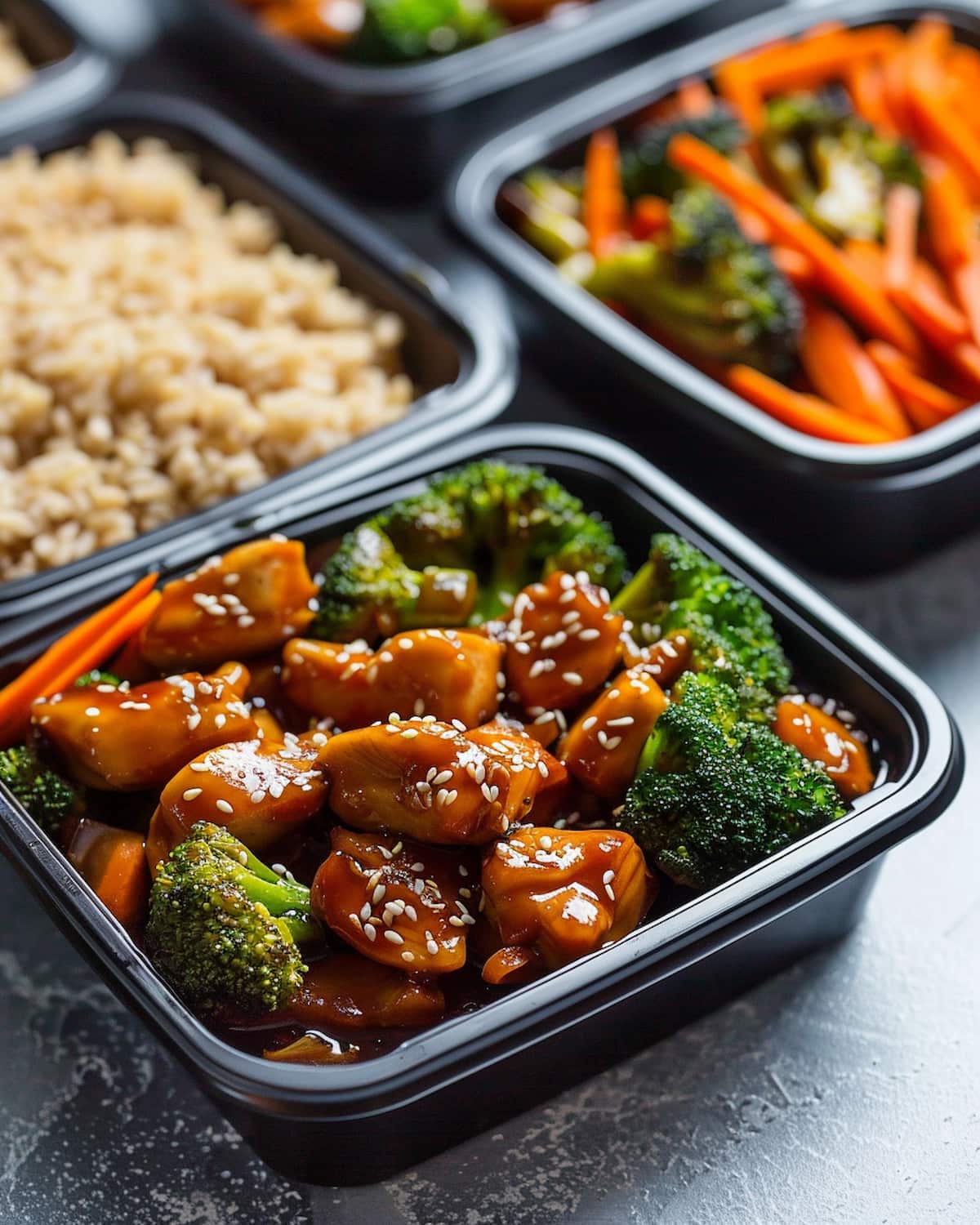Teriyaki Chicken and Broccoli Meal Prep with glazed chicken, broccoli, and sesame seeds in meal prep.