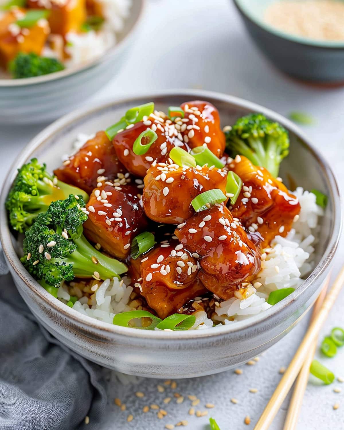 Teriyaki Tofu Meal Prep with glazed tofu, broccoli, and rice, topped with sesame seeds and green onions.