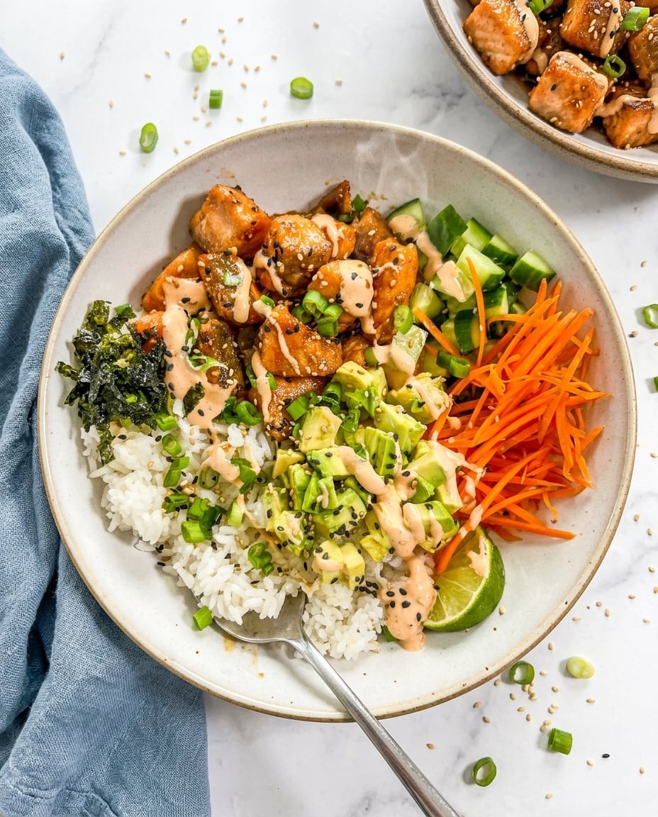 Crunchy Salmon Bowl with sushi rice, crispy salmon bites, cucumbers, avocado, nori, and spicy mayo drizzle