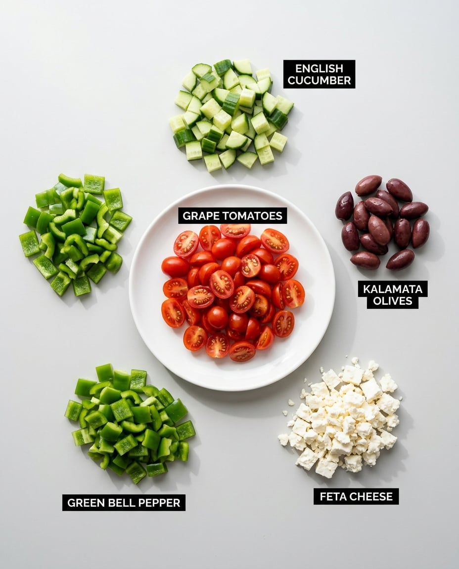 Fresh ingredients for Greek Salad Meal Prep for the Week