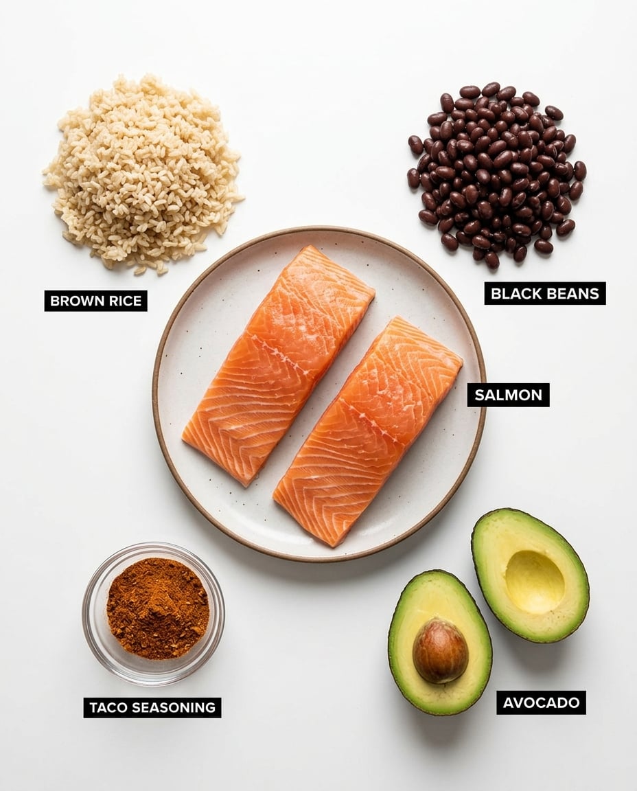 Fresh ingredients for Southwest Salmon Bowl Meal Prep Done Right