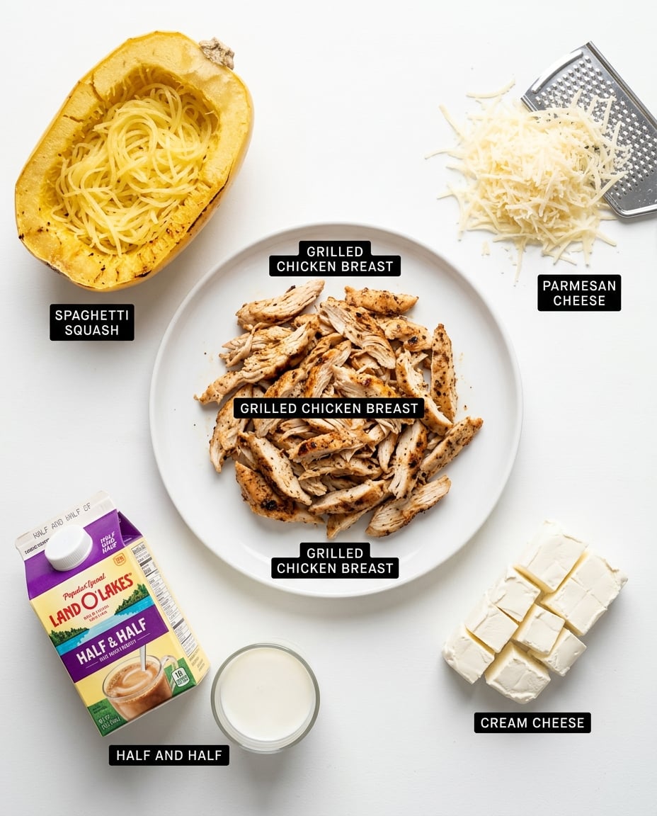 Ingredients for Spaghetti Squash Chicken Alfredo Meal Prep