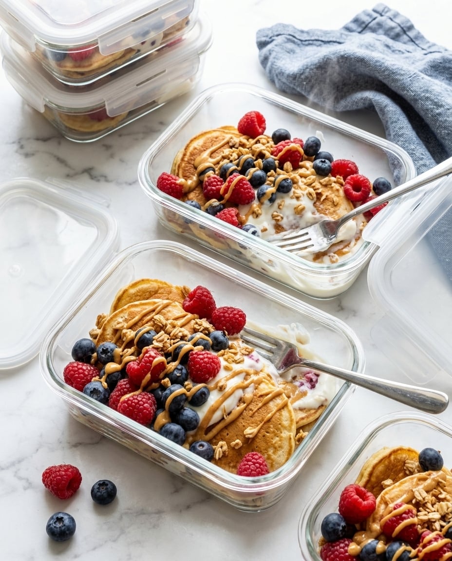 Quick Protein Packed Breakfast Pancake Bowls with Greek yogurt, berries, nuts, and maple syrup in meal prep containers