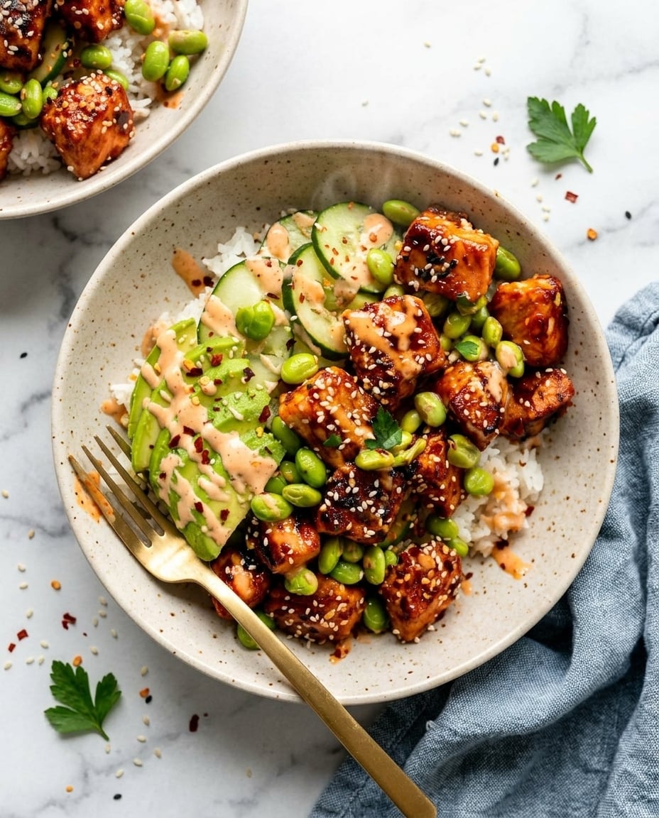 Sriracha Salmon Bowl with sticky honey glaze, rice, cucumber, edamame, and avocado in a meal prep bowl